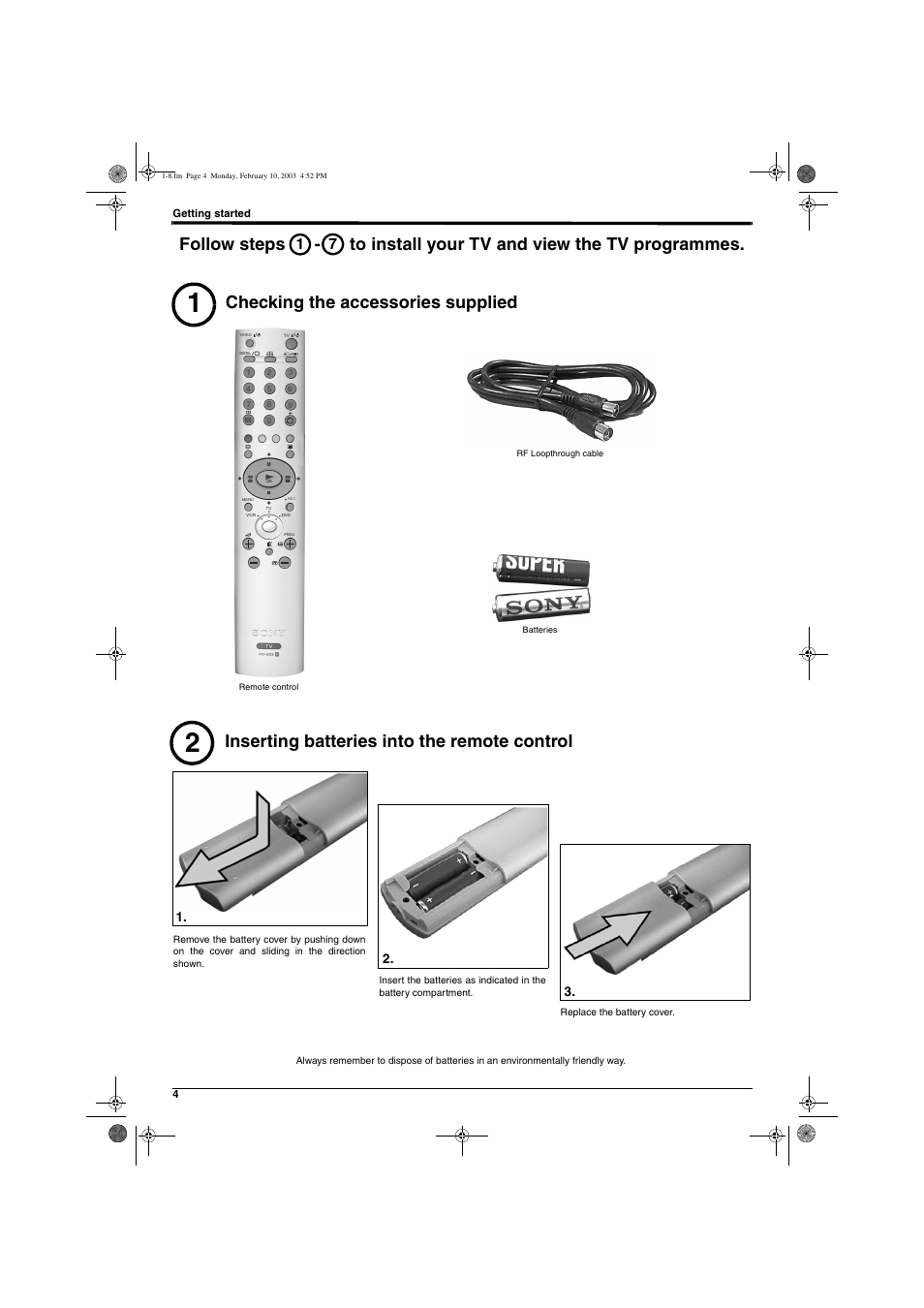 Inserting batteries into the remote control | Sony KD-32DX150U User Manual | Page 6 / 40
