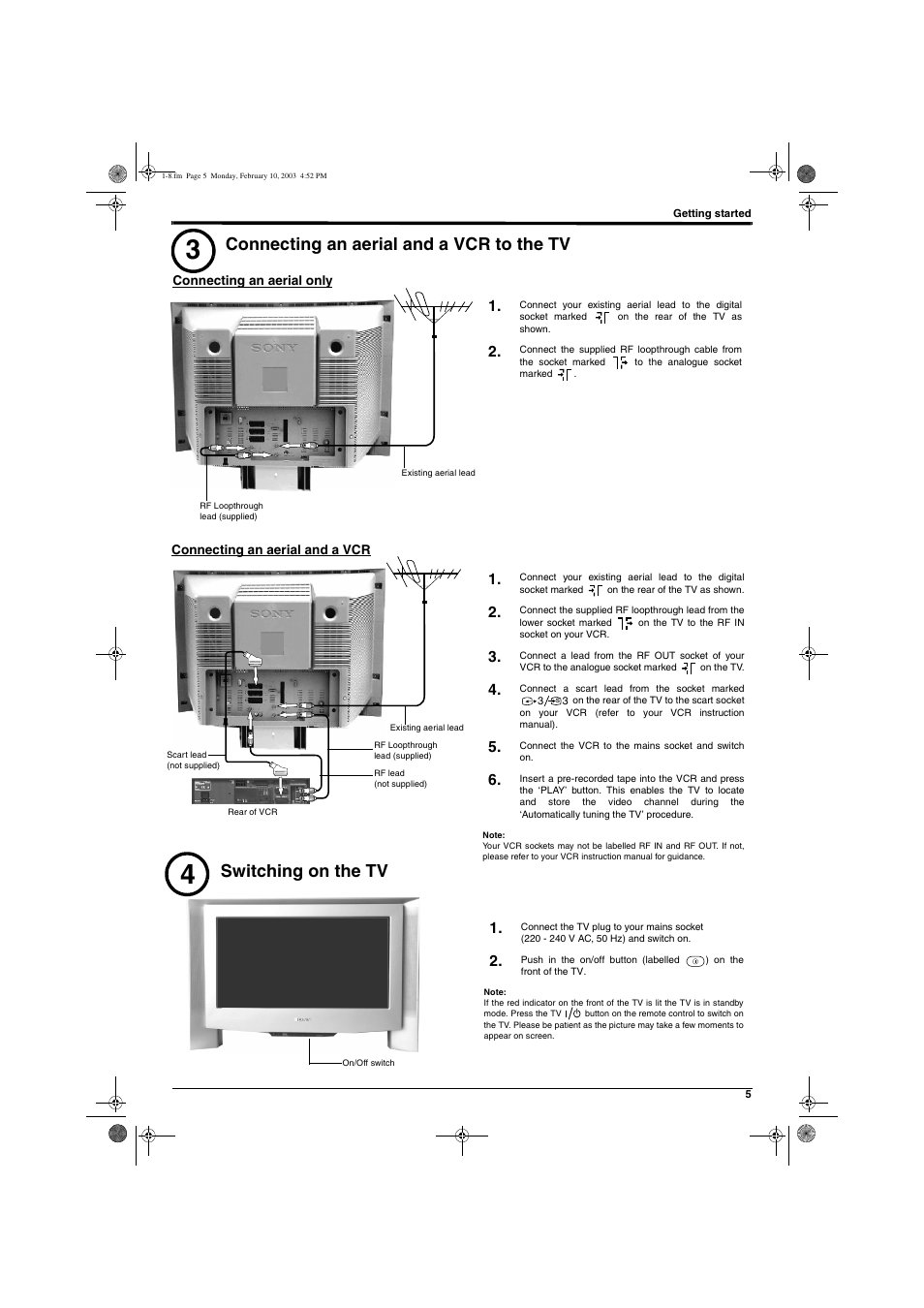 Connecting an aerial and a vcr to the tv, Switching on the tv | Sony KD-32DX150U User Manual | Page 7 / 40