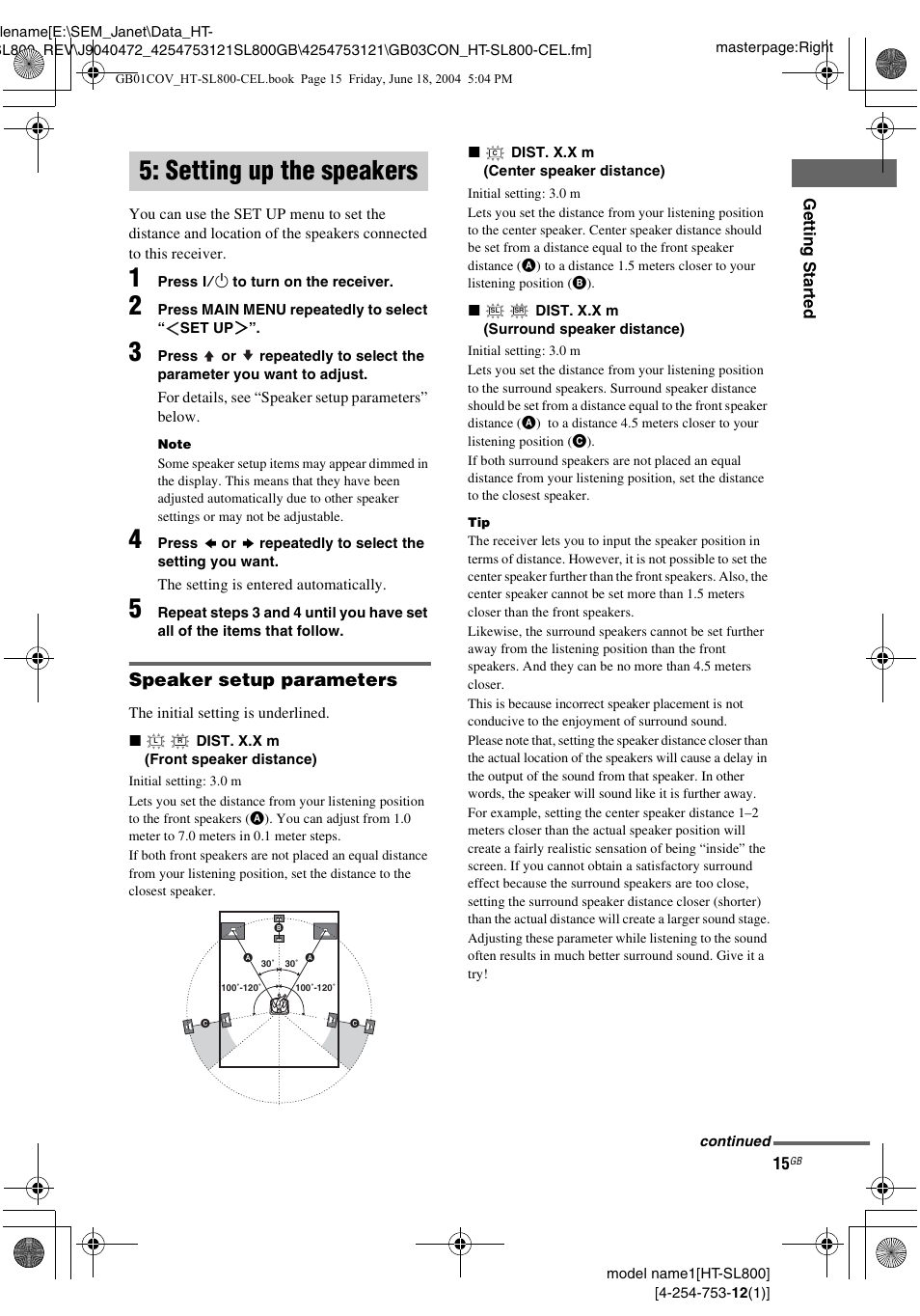 Setting up the speakers, Speaker setup parameters | Sony HT-SL600 User Manual | Page 15 / 44
