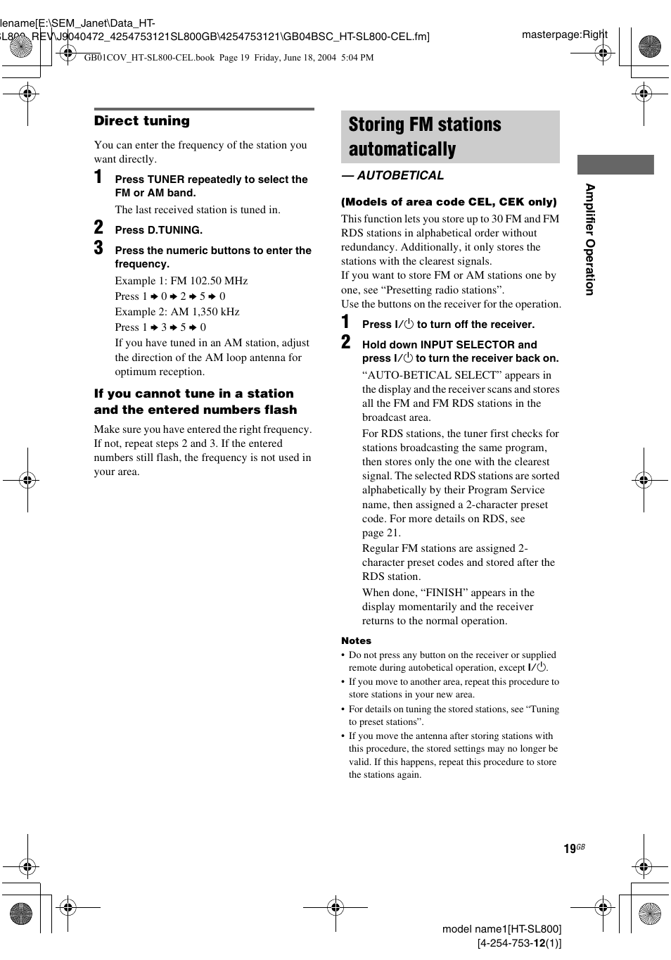 Storing fm stations automatically, Autobetical, Autobetical (models of area code cel, cek only) | Sony HT-SL600 User Manual | Page 19 / 44