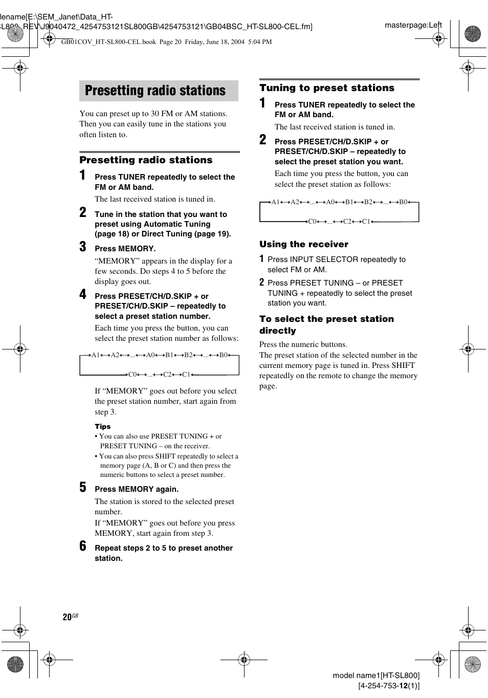 Presetting radio stations, See “presetting radio stations, See “tuning | To preset stations | Sony HT-SL600 User Manual | Page 20 / 44