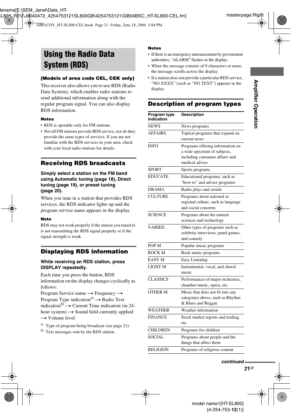 Using the radio data system (rds), Models of area code cel, cek only), Receiving rds broadcasts | Displaying rds information, Description of program types | Sony HT-SL600 User Manual | Page 21 / 44