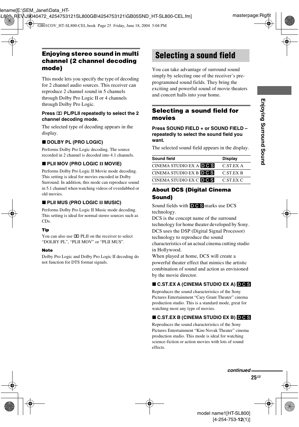 Selecting a sound field, Selecting a sound field for movies | Sony HT-SL600 User Manual | Page 25 / 44