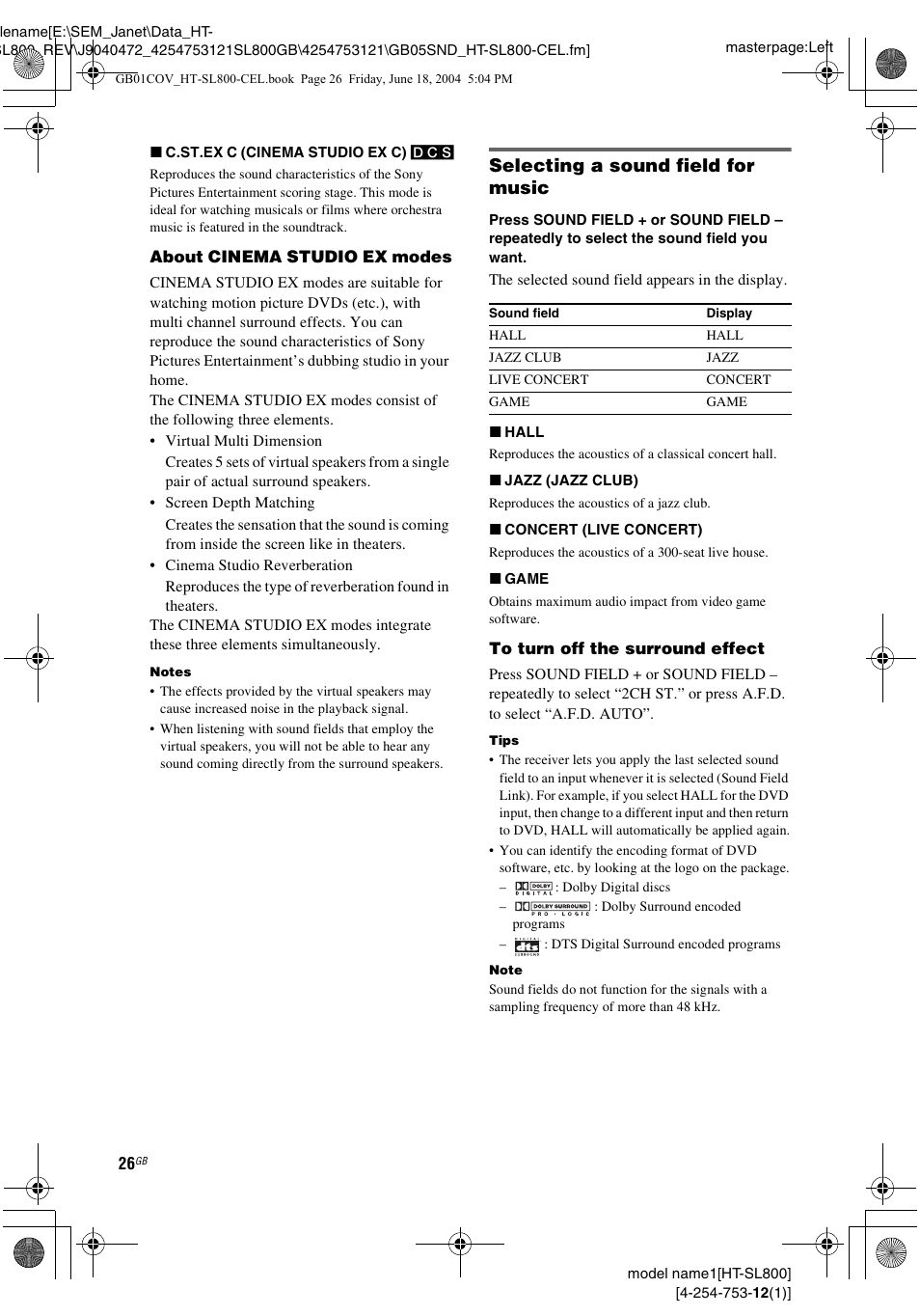 Selecting a sound field for music | Sony HT-SL600 User Manual | Page 26 / 44