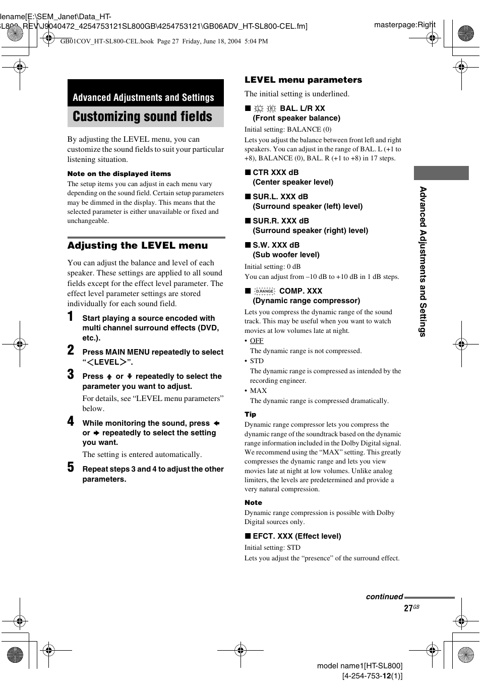 Advanced adjustments and settings, Customizing sound fields | Sony HT-SL600 User Manual | Page 27 / 44