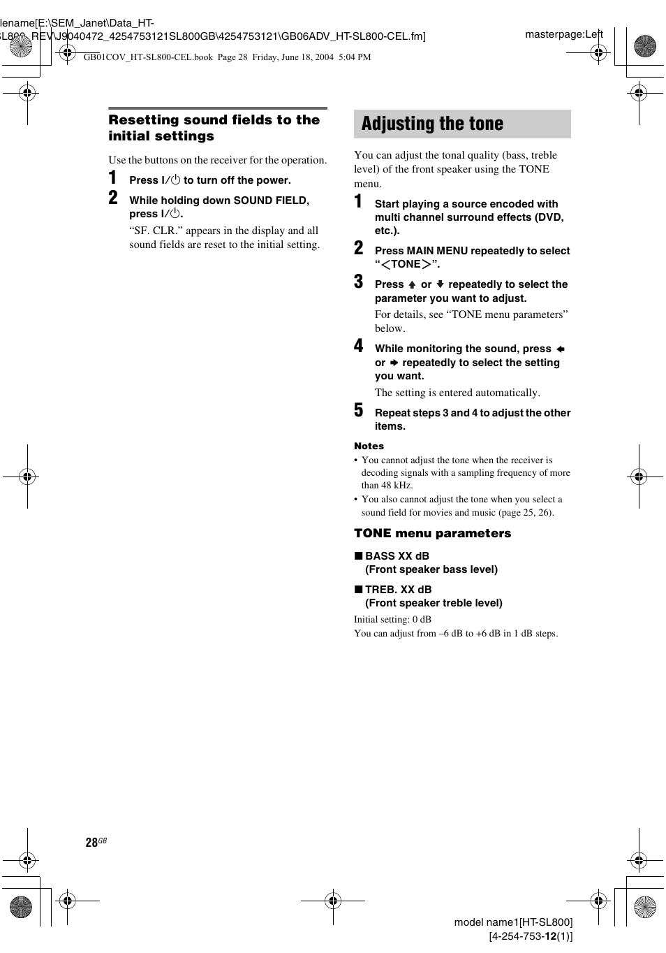 Adjusting the tone | Sony HT-SL600 User Manual | Page 28 / 44