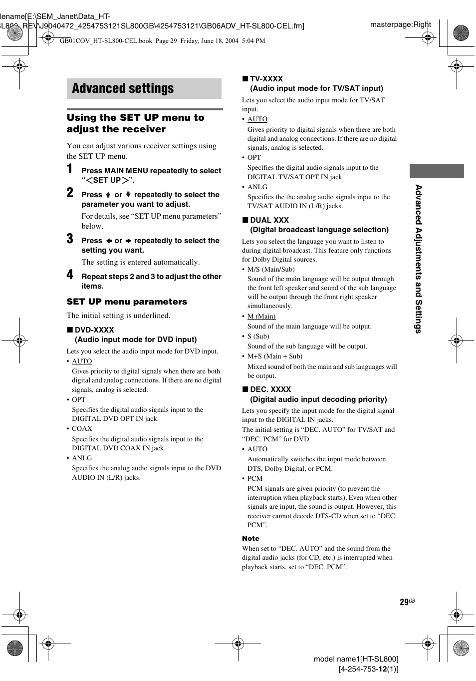 Advanced settings | Sony HT-SL600 User Manual | Page 29 / 44