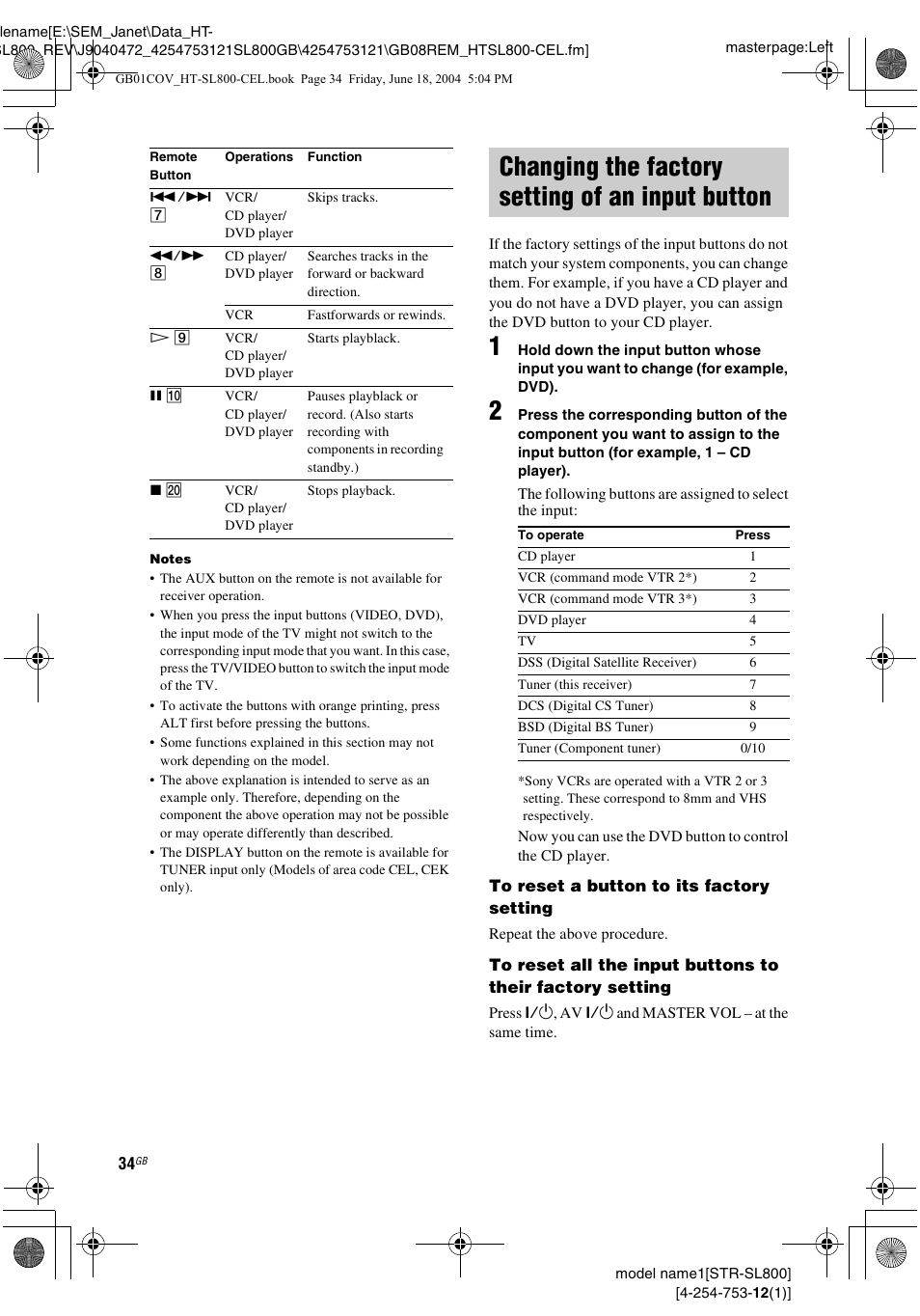 Changing the factory setting of an input button, Changing the factory setting of an input, Button | Sony HT-SL600 User Manual | Page 34 / 44