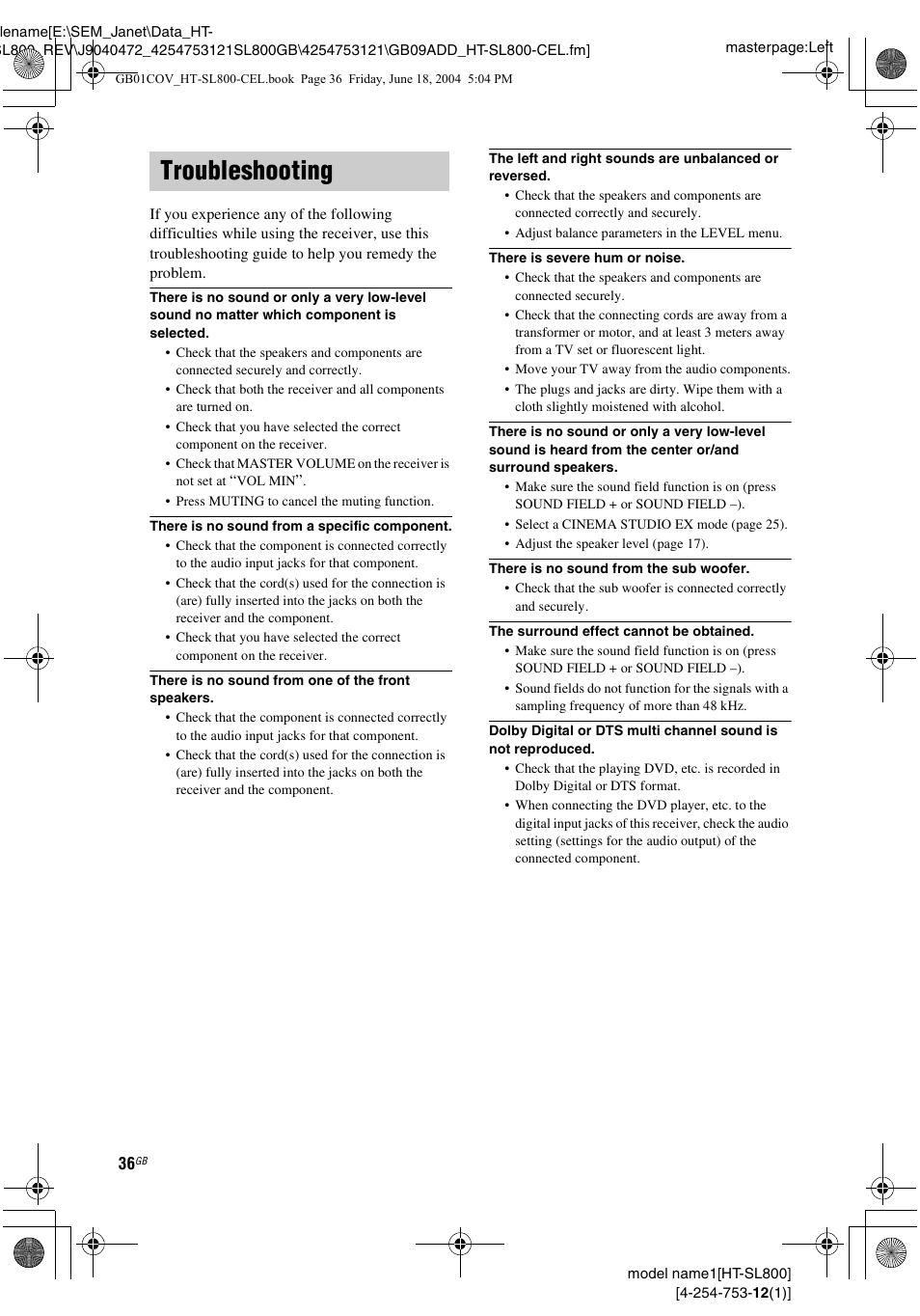 Troubleshooting | Sony HT-SL600 User Manual | Page 36 / 44