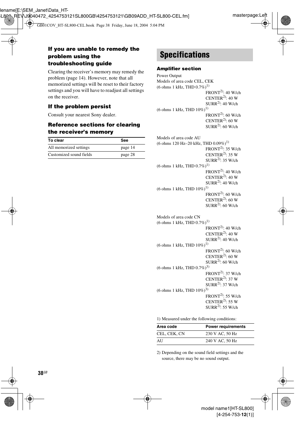 Specifications, If the problem persist | Sony HT-SL600 User Manual | Page 38 / 44