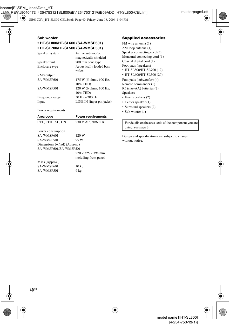 Sony HT-SL600 User Manual | Page 40 / 44