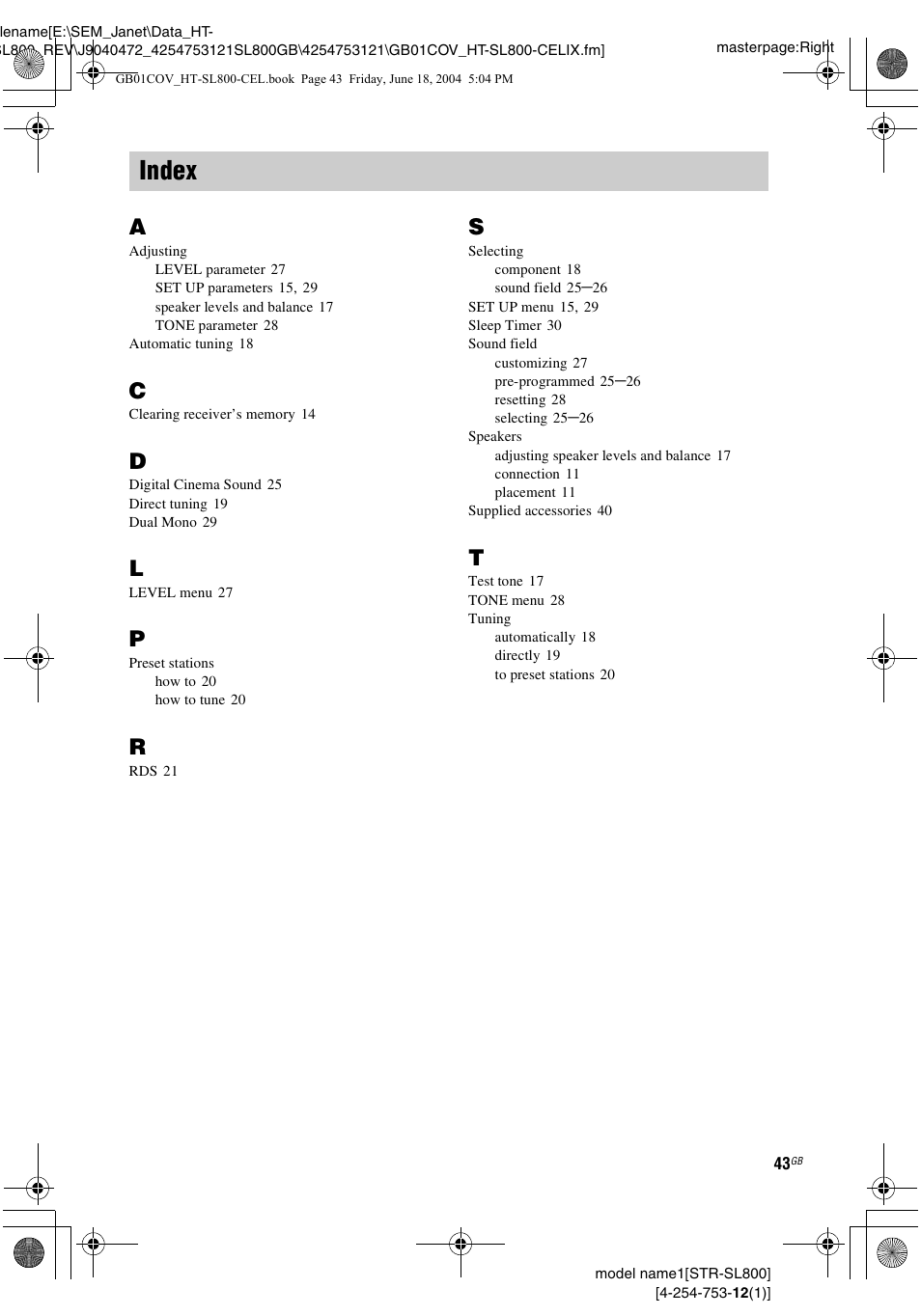 Index | Sony HT-SL600 User Manual | Page 43 / 44