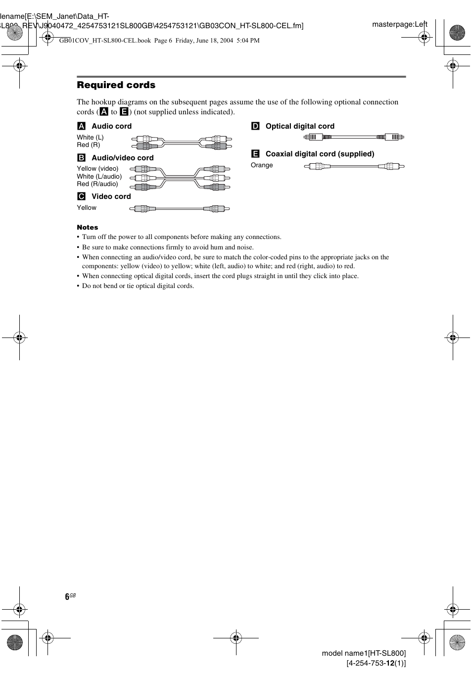 Required cords | Sony HT-SL600 User Manual | Page 6 / 44
