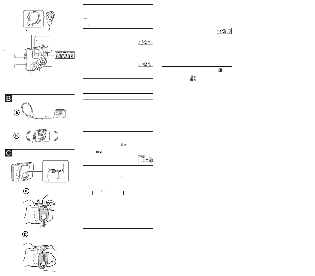 Yyy yy, Preventing accidental change, Setting the clock | Changing am channel step, Improving the reception, Playing the radio, Presetting your favorite station, Using the belt clip | Sony SRF-M37V User Manual | Page 2 / 2