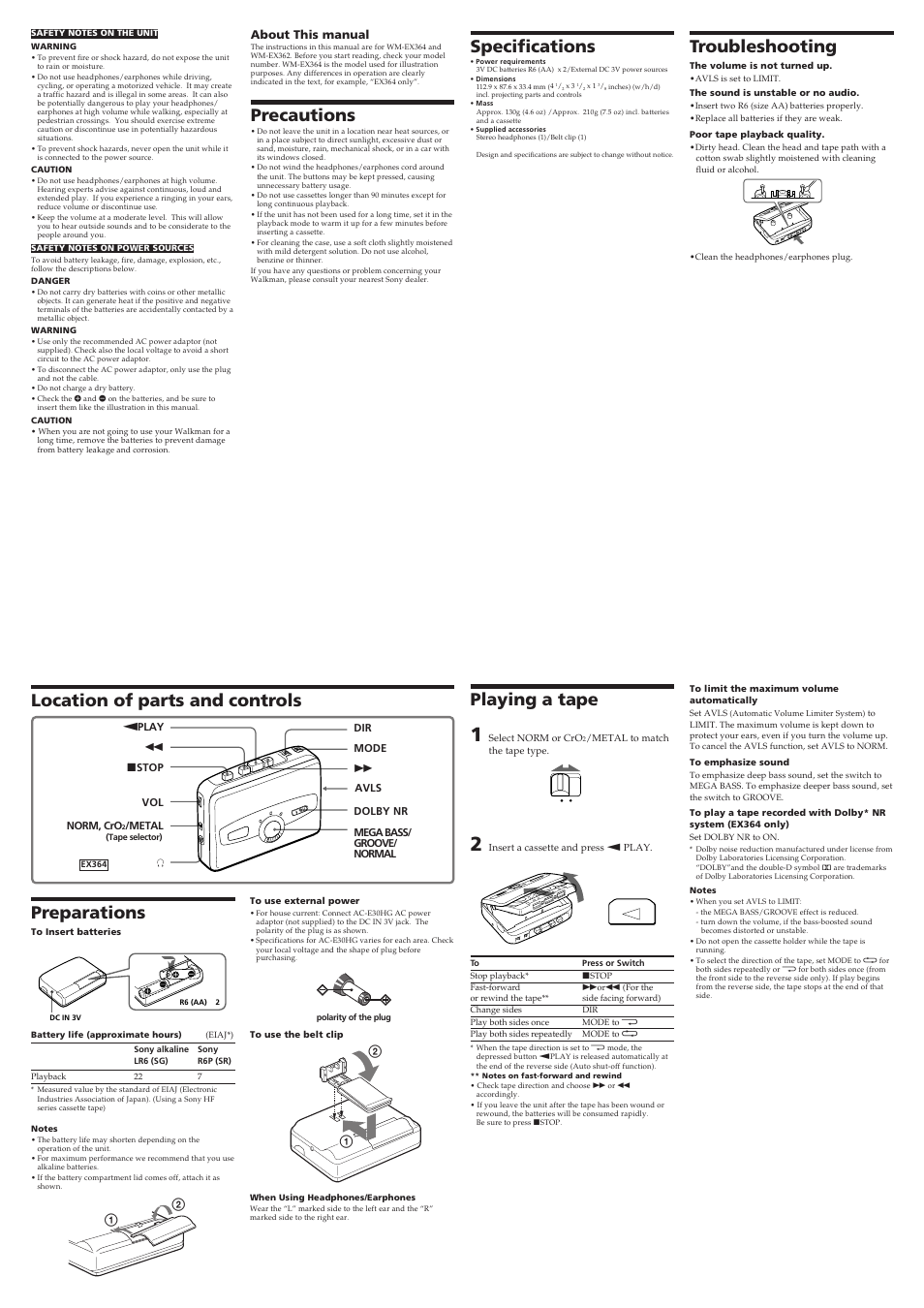 Precautions, Troubleshooting, Location of parts and controls | Preparations, Playing a tape, Specifications, About this manual | Sony WM-EX362 User Manual | Page 2 / 2