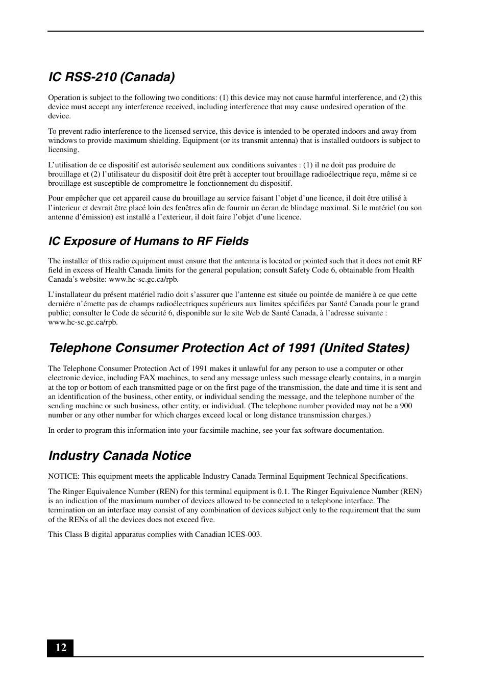 Ic rss-210 (canada), Industry canada notice, Ic exposure of humans to rf fields | Sony VGN-AR100 User Manual | Page 12 / 20