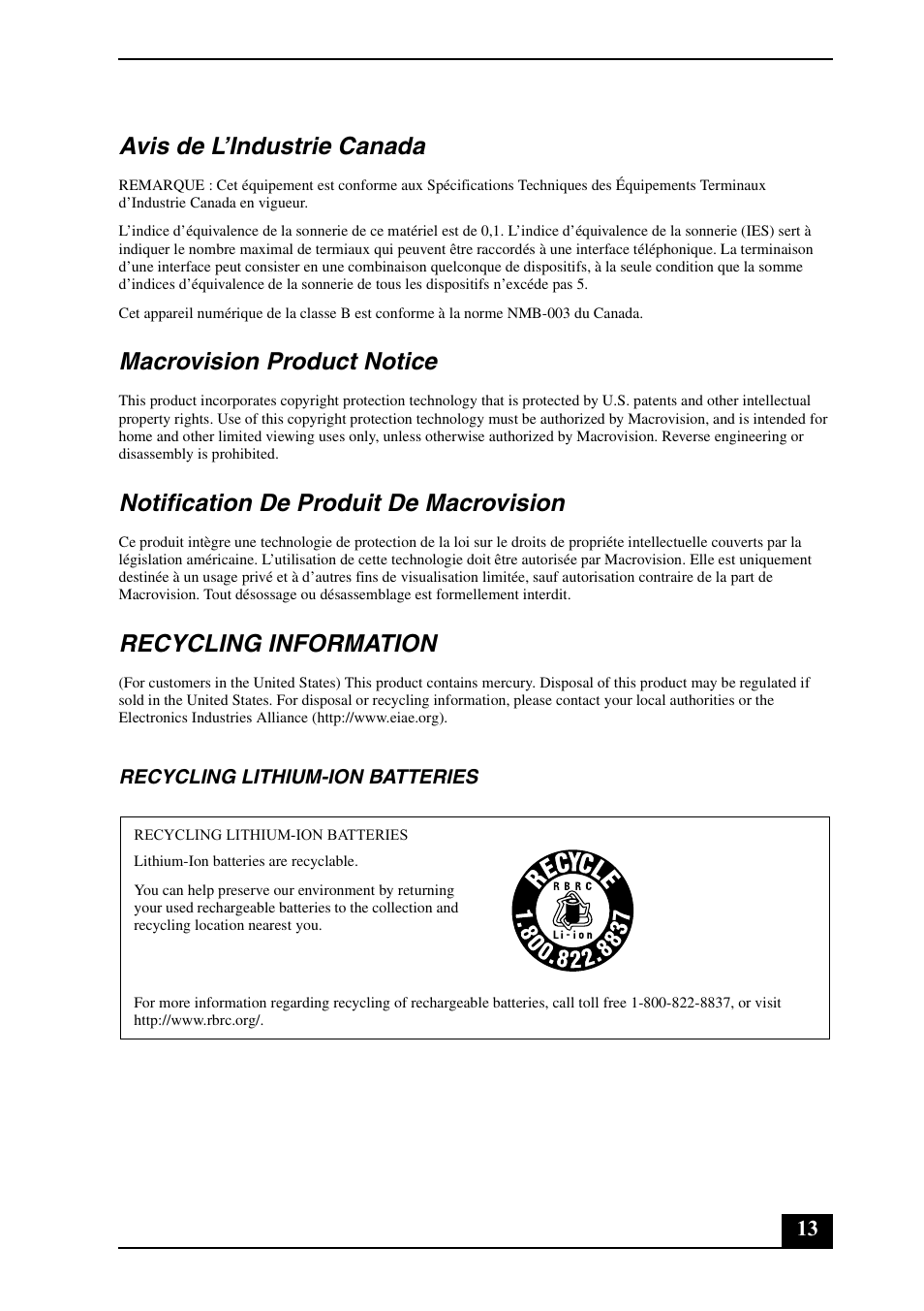 Avis de l’industrie canada, Macrovision product notice, Notification de produit de macrovision | Recycling information | Sony VGN-AR100 User Manual | Page 13 / 20