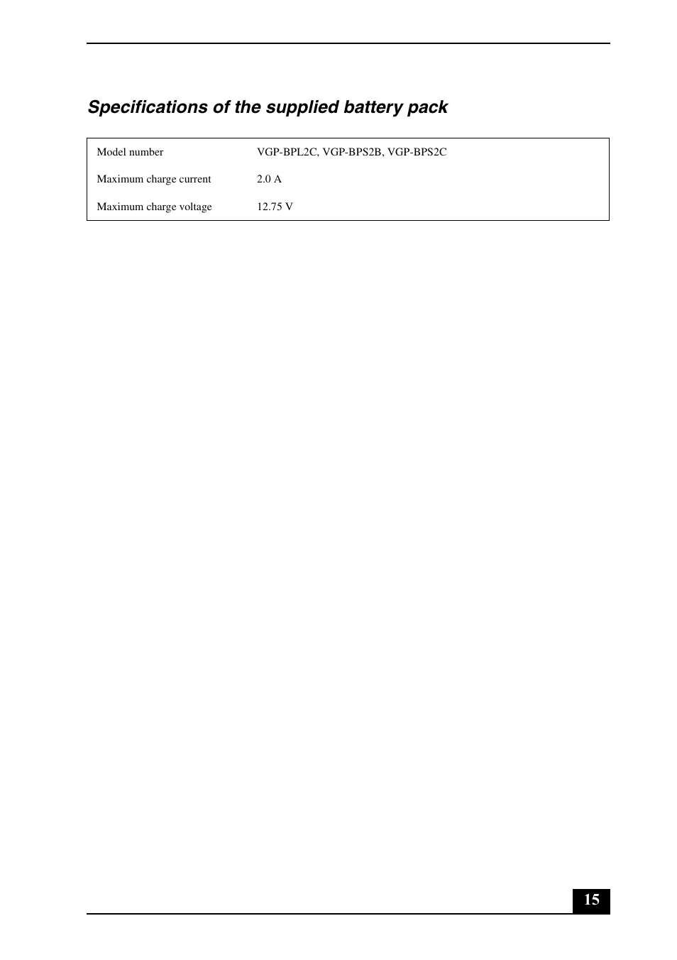 Specifications of the supplied battery pack | Sony VGN-AR100 User Manual | Page 15 / 20