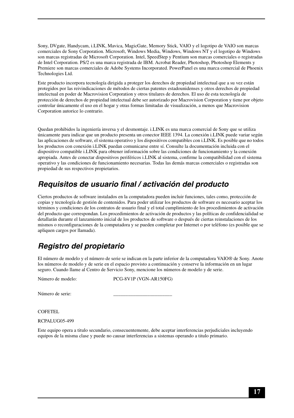 Registro del propietario | Sony VGN-AR100 User Manual | Page 17 / 20