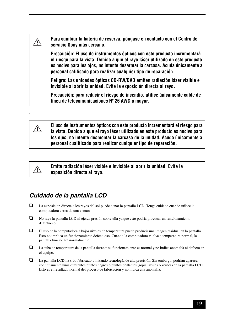 Cuidado de la pantalla lcd | Sony VGN-AR100 User Manual | Page 19 / 20