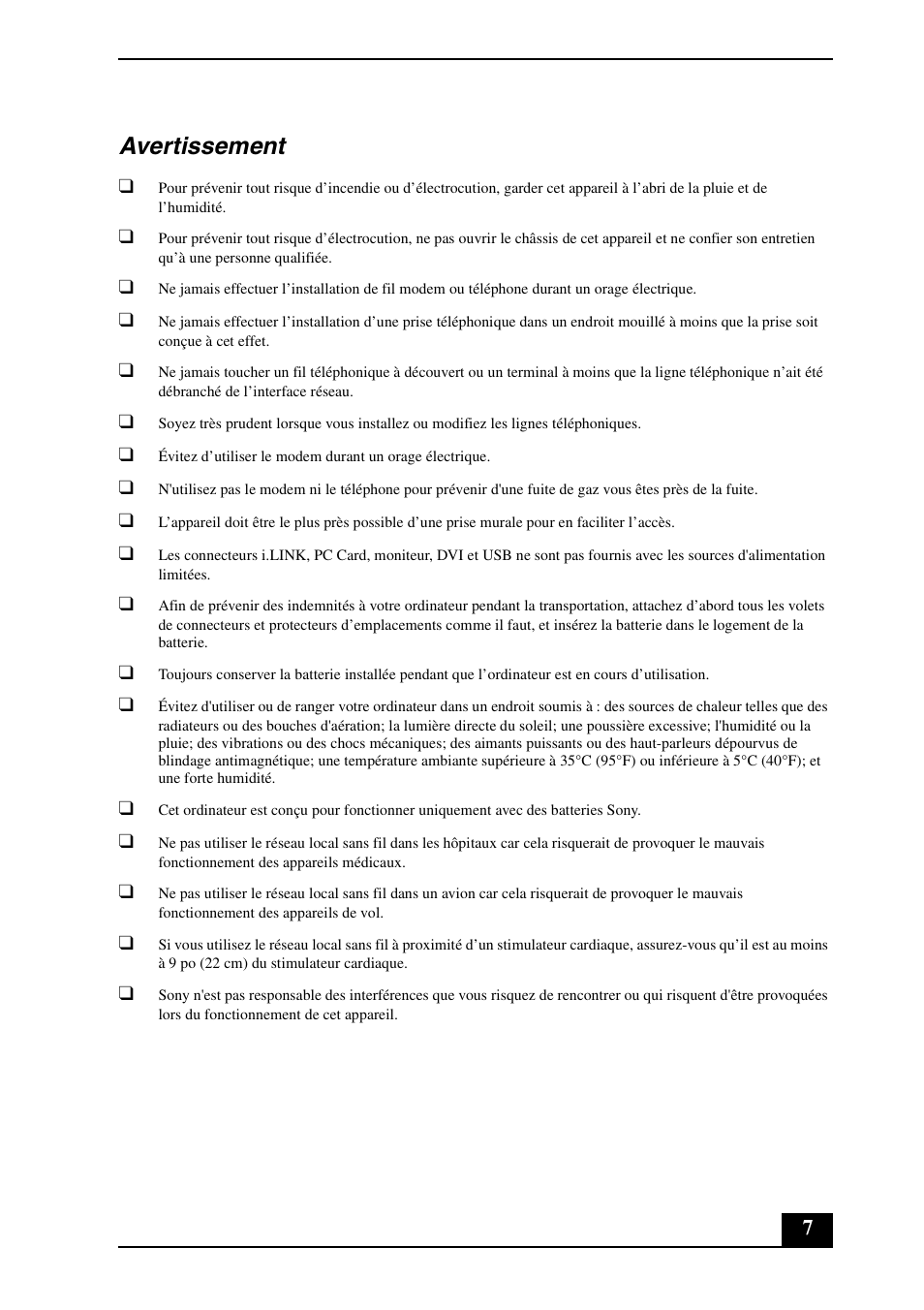 Avertissement | Sony VGN-AR100 User Manual | Page 7 / 20