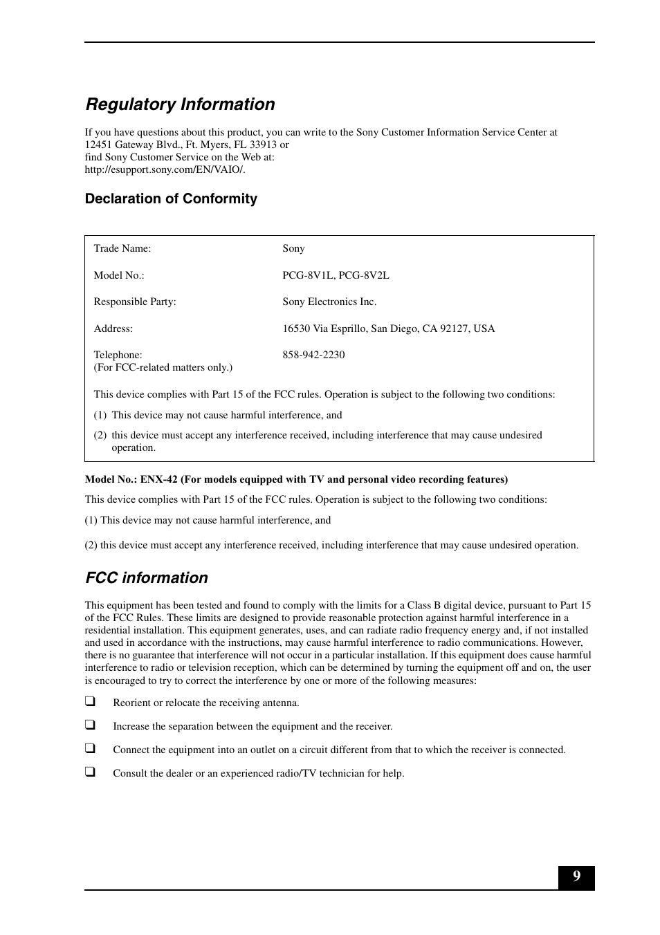 Regulatory information, Fcc information, Declaration of conformity | Sony VGN-AR100 User Manual | Page 9 / 20