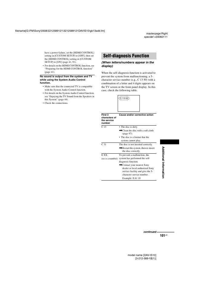 Self-diagnosis function, When letters/numbers appear in the display) | Sony DAV-IS10 User Manual | Page 101 / 123