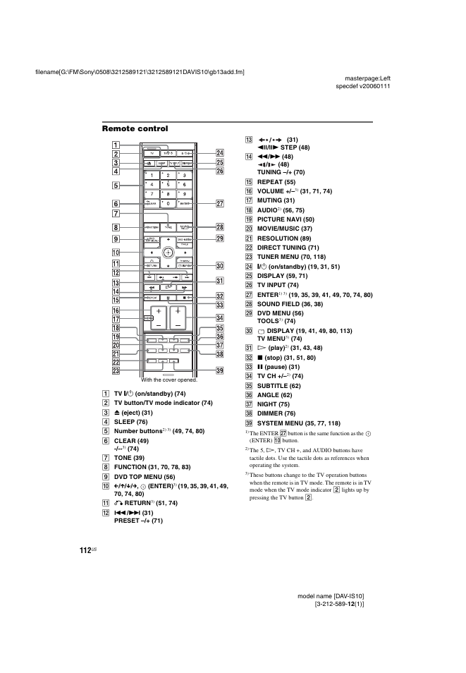 Remote control | Sony DAV-IS10 User Manual | Page 112 / 123