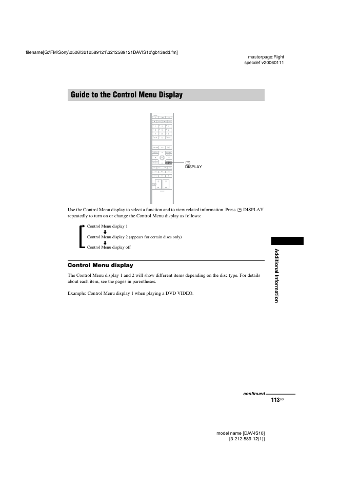 Guide to the control menu display, Control menu display | Sony DAV-IS10 User Manual | Page 113 / 123