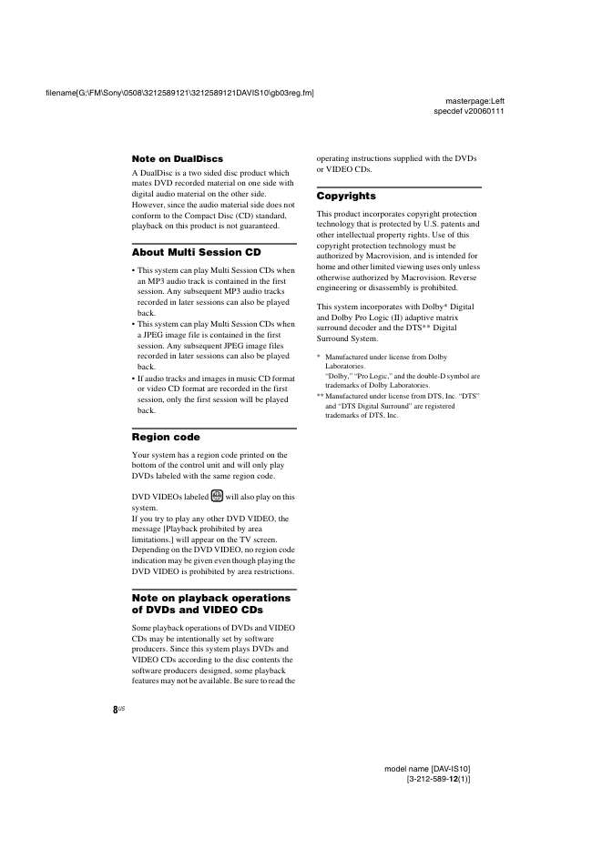 About multi session cd, Region code, Note on playback operations of dvds and video cds | Copyrights | Sony DAV-IS10 User Manual | Page 8 / 123