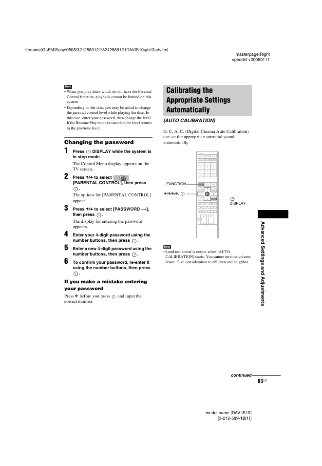 Changing the password, Calibrating the appropriate settings automatically, Calibrating the appropriate settings | Automatically (auto calibration) | Sony DAV-IS10 User Manual | Page 83 / 123