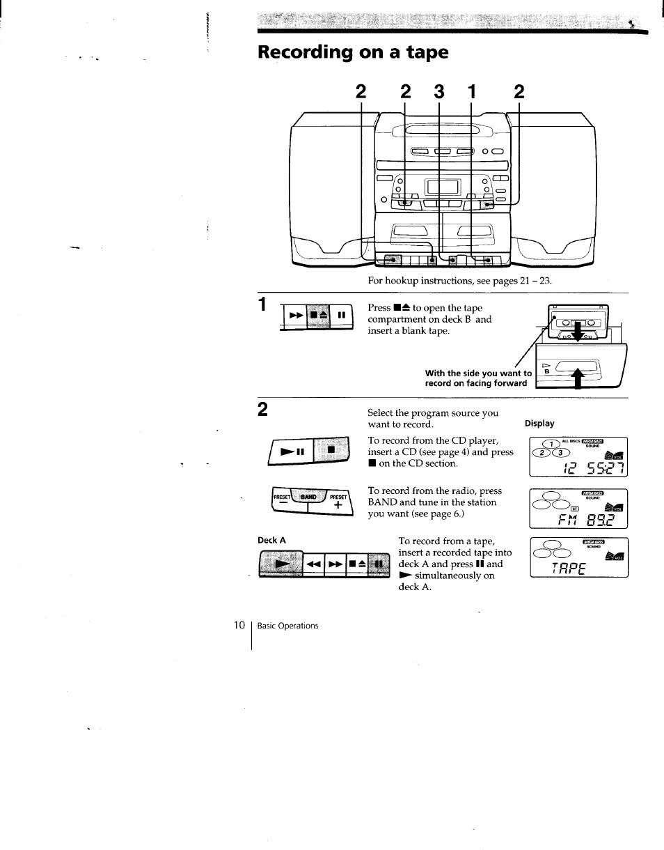 Recording on a tape, Deck a, Tooc | C m pq.r | Sony CFD-C646 User Manual | Page 10 / 31