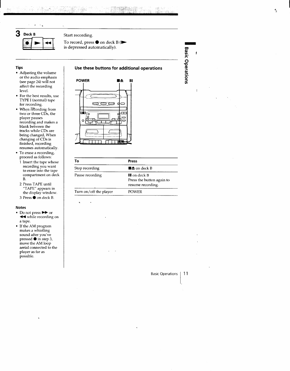 Tips, Notes, Use these buttons for additional operations | Power, L± ii | Sony CFD-C646 User Manual | Page 11 / 31