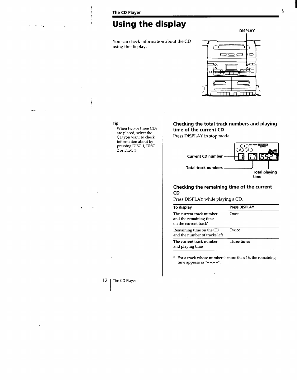 The cd player, Using the display, Checking the remaining time of the current cd | Sony CFD-C646 User Manual | Page 12 / 31