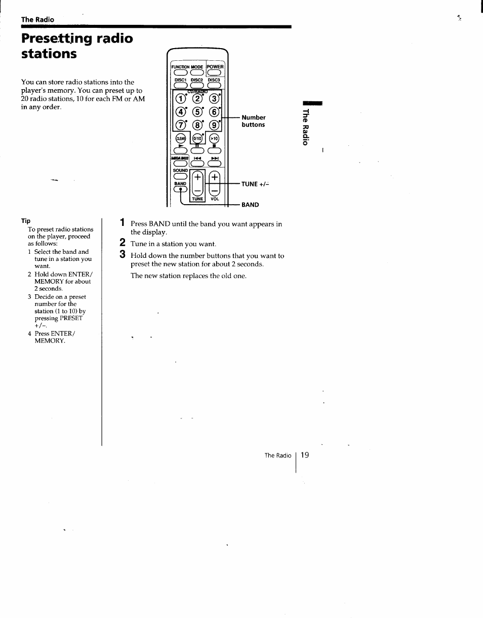 The radio, Presetting radio stations, Number buttons | Tune, Band, Cdcz) cd | Sony CFD-C646 User Manual | Page 19 / 31