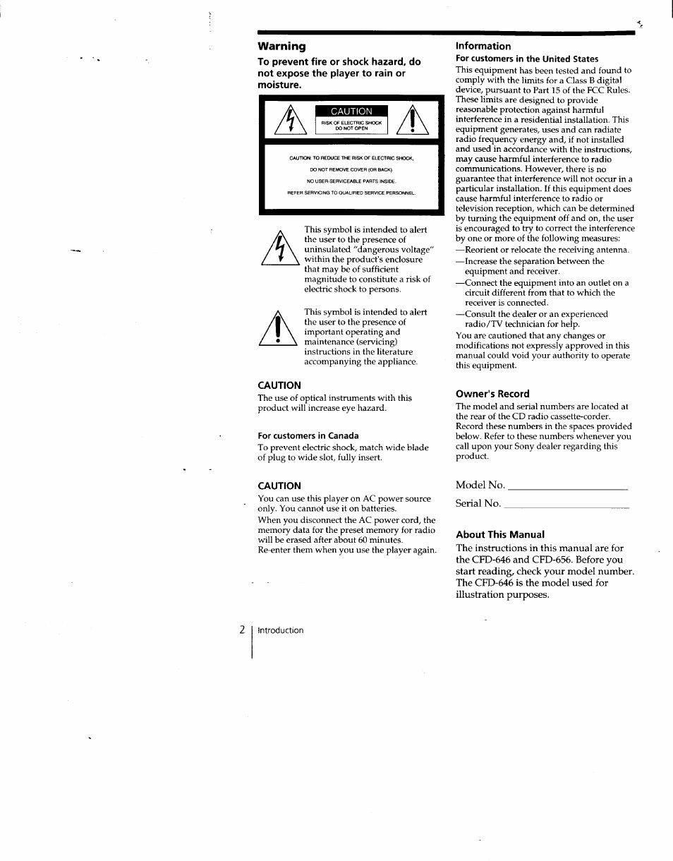 Warning, Caution, For customers in canada | Information, Owner's record, About this manual | Sony CFD-C646 User Manual | Page 2 / 31