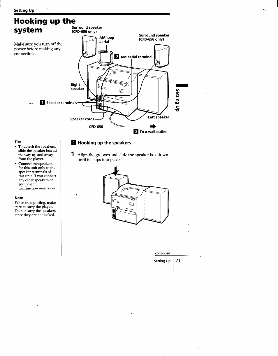 Setting up, Hooking up the | Sony CFD-C646 User Manual | Page 21 / 31