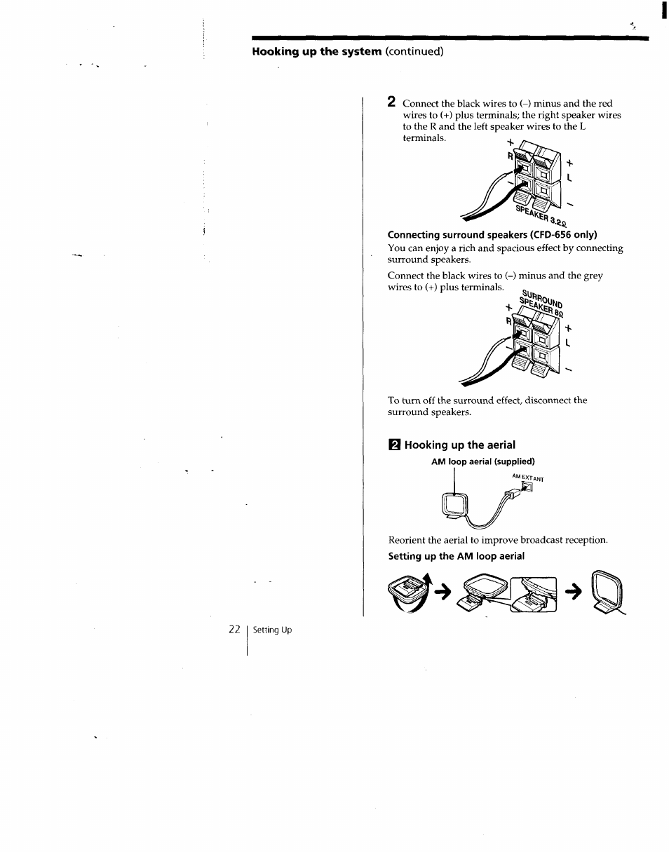 Connecting surround speakers (cfd-656 only), B hooking up the aerial, Continued) | Sony CFD-C646 User Manual | Page 22 / 31