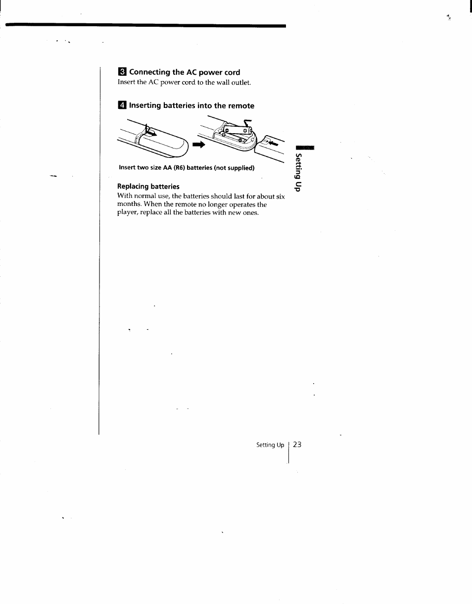 B connecting the ac power cord, Q inserting batteries into the remote, Insert two size aa (r6) batteries (not supplied) | Replacing batteries -q | Sony CFD-C646 User Manual | Page 23 / 31