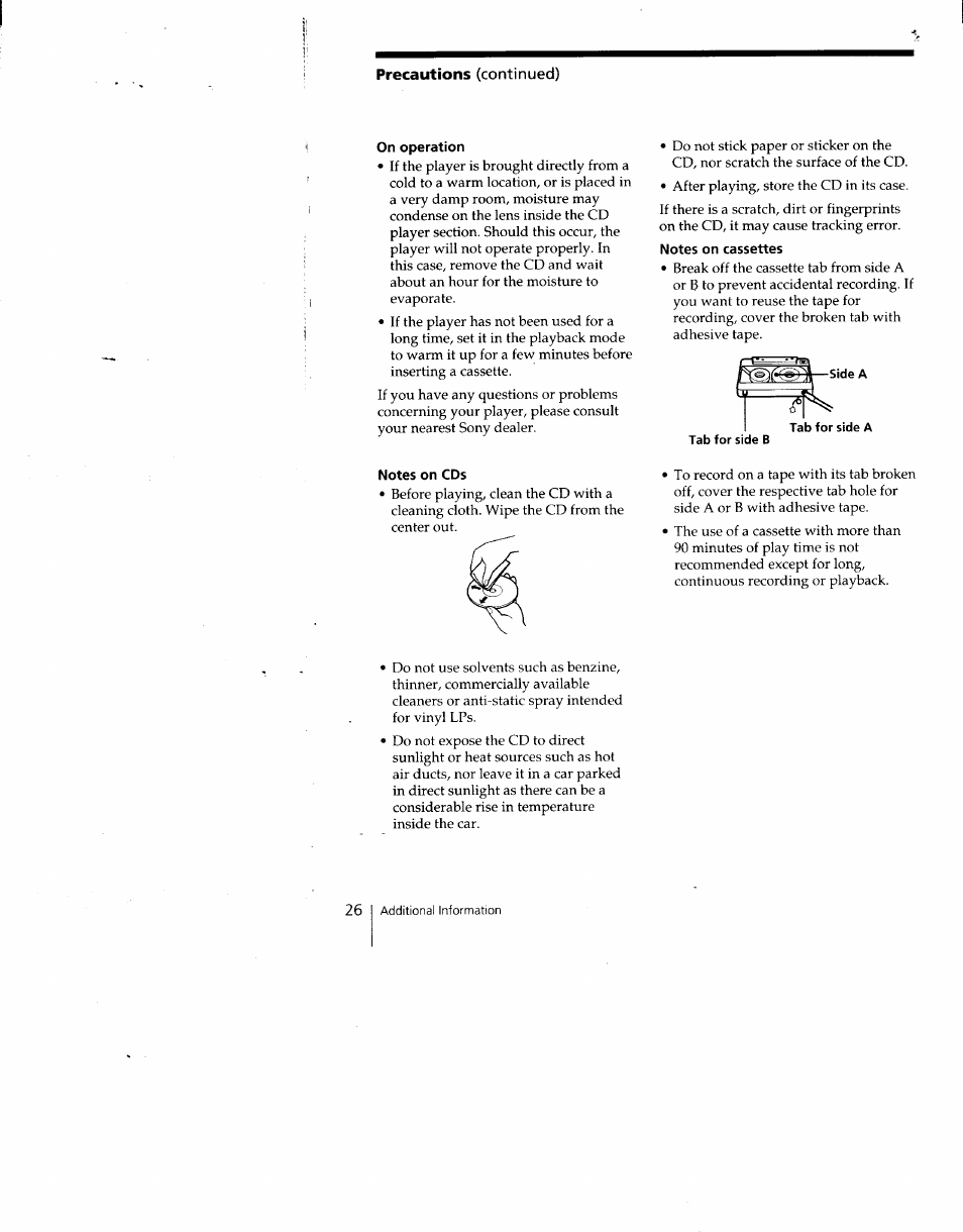 Precautions (continued), Continued) | Sony CFD-C646 User Manual | Page 26 / 31