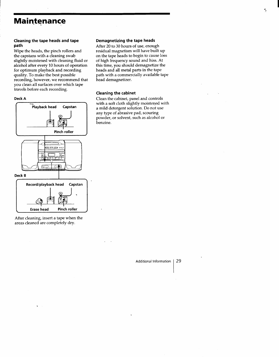 Maintenance, Cleaning the tape heads and tape path, Demagnetizing the tape heads | Cleaning the cabinet | Sony CFD-C646 User Manual | Page 29 / 31