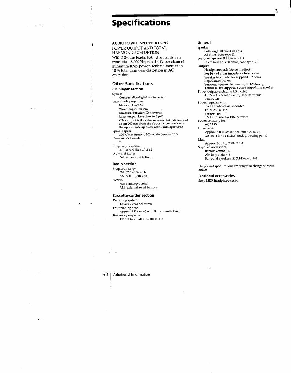 Specifications, Other specifications | Sony CFD-C646 User Manual | Page 30 / 31