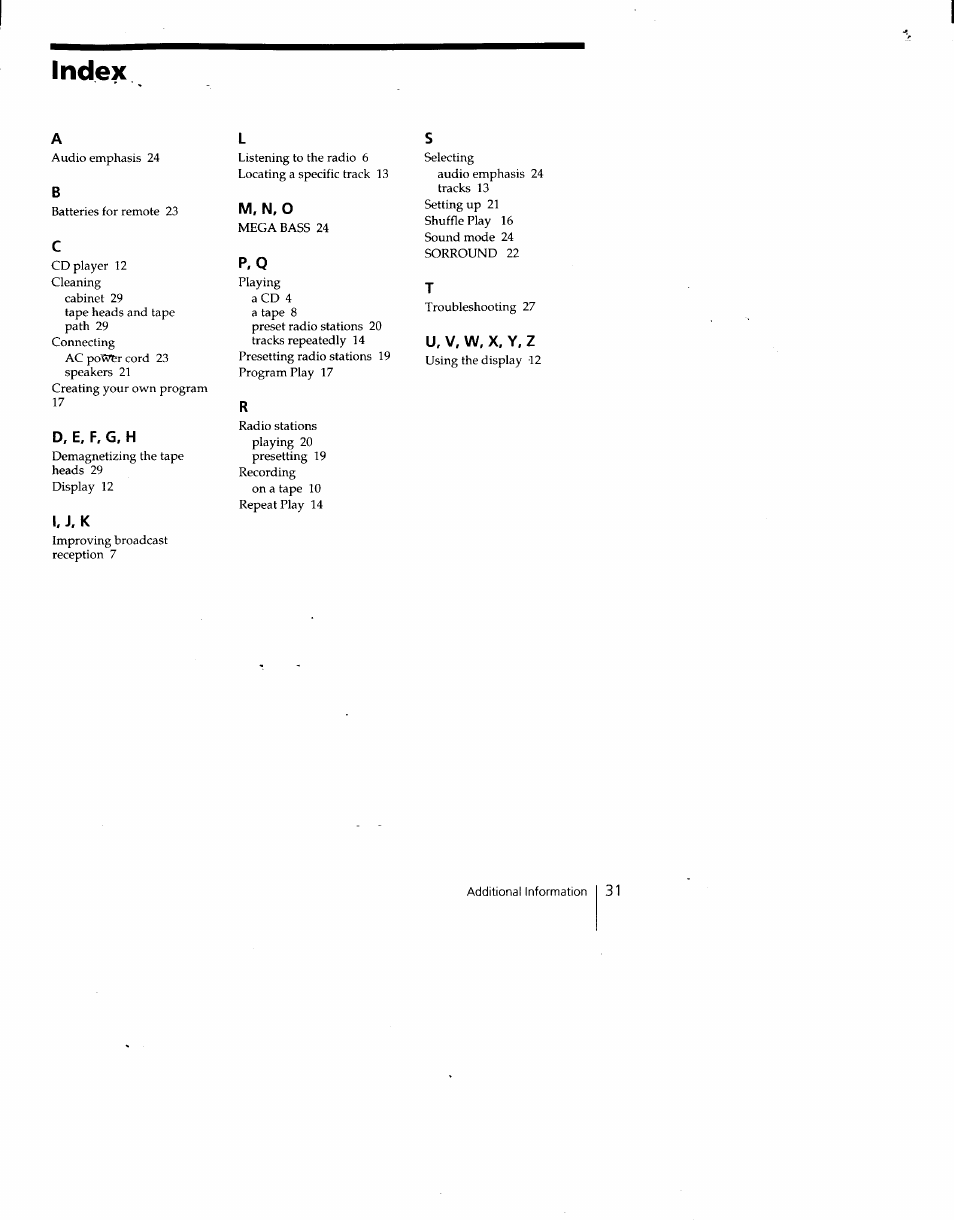 Index, D. e, f, g, h, I, j.k | M, n. o | Sony CFD-C646 User Manual | Page 31 / 31