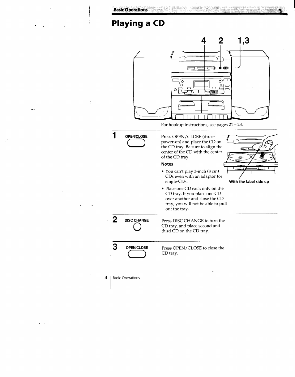 Playing a cd, Open/close, Notes | Disc change | Sony CFD-C646 User Manual | Page 4 / 31