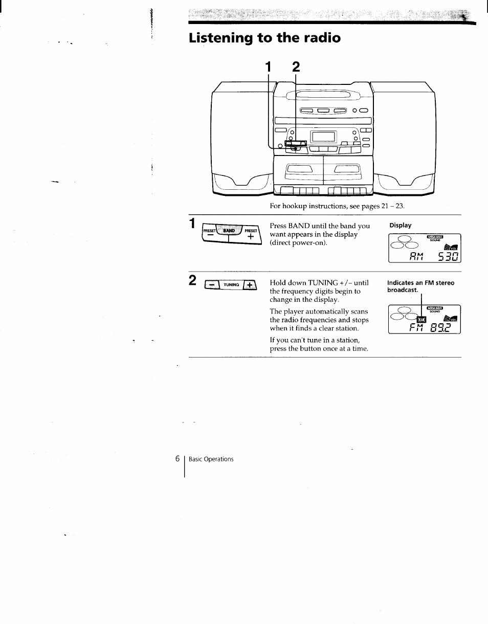 Listening to the radio 1 2, Indicates an fm stereo broadcast, Listening to the radio | Sony CFD-C646 User Manual | Page 6 / 31