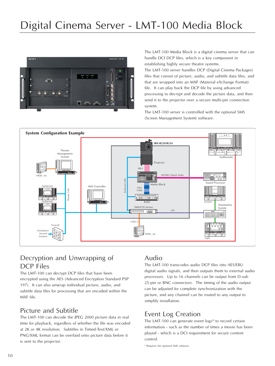 Digital cinema server - lmt-100 media block, Decryption and unwrapping of dcp files, Picture and subtitle | Audio, Event log creation | Sony SRX-R220 User Manual | Page 10 / 16