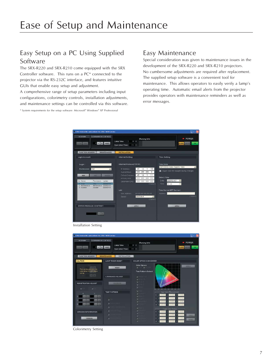 Ease of setup and maintenance, Easy maintenance, Easy setup on a pc using supplied software | Sony SRX-R220 User Manual | Page 7 / 16