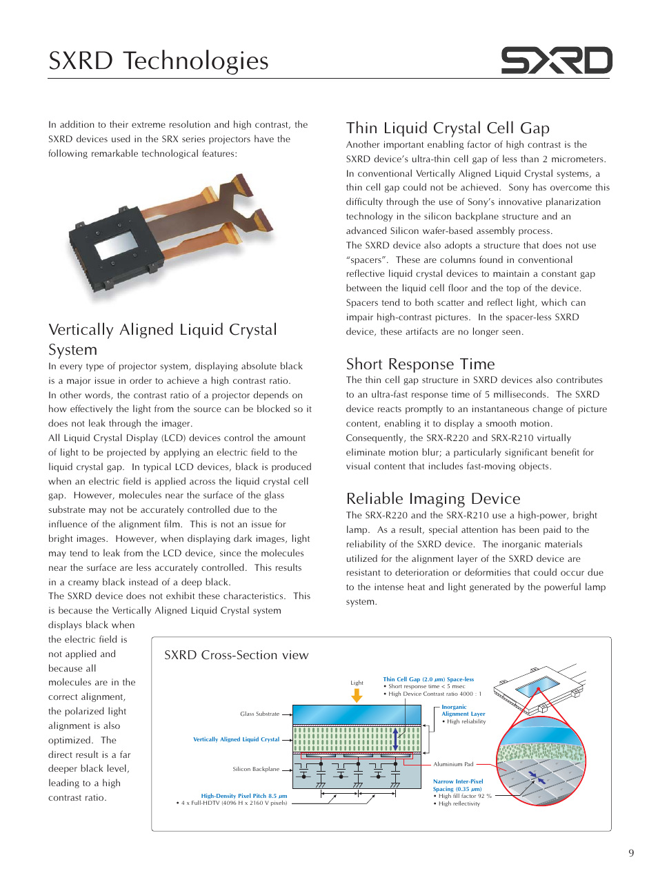 Sxrd technologies, Vertically aligned liquid crystal system, Thin liquid crystal cell gap | Short response time, Reliable imaging device | Sony SRX-R220 User Manual | Page 9 / 16