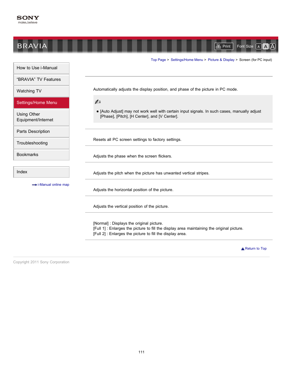 Screen settings (for pc), Screen (for pc input) | Sony 40EX621 User Manual | Page 111 / 158