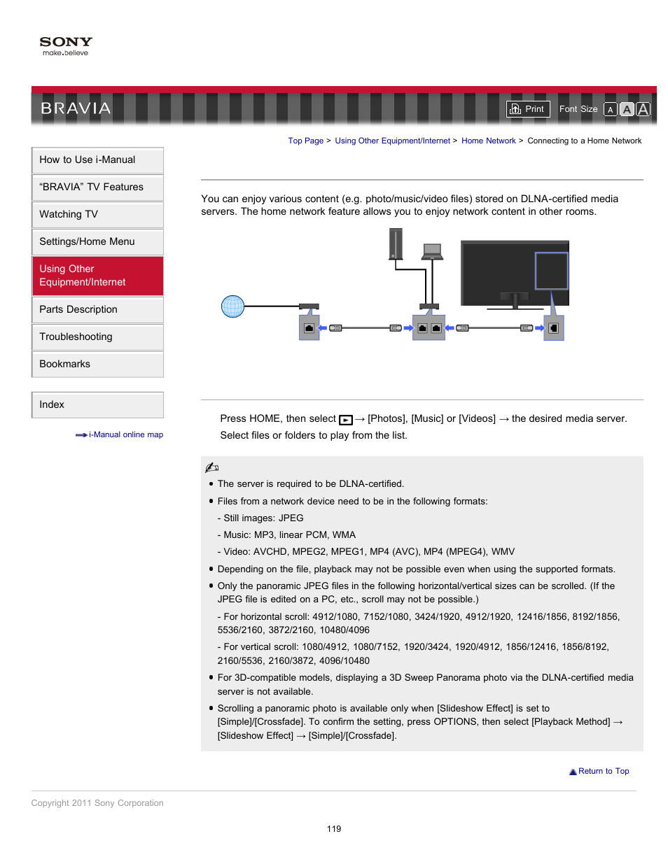 Home network, Photo/music/video playback, Dlna-certified media server | Connecting to a home network | Sony 40EX621 User Manual | Page 119 / 158